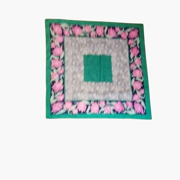 Floral Pattern Satin Scarf 28x28 Green Pink Rose - Picture 5 of 6